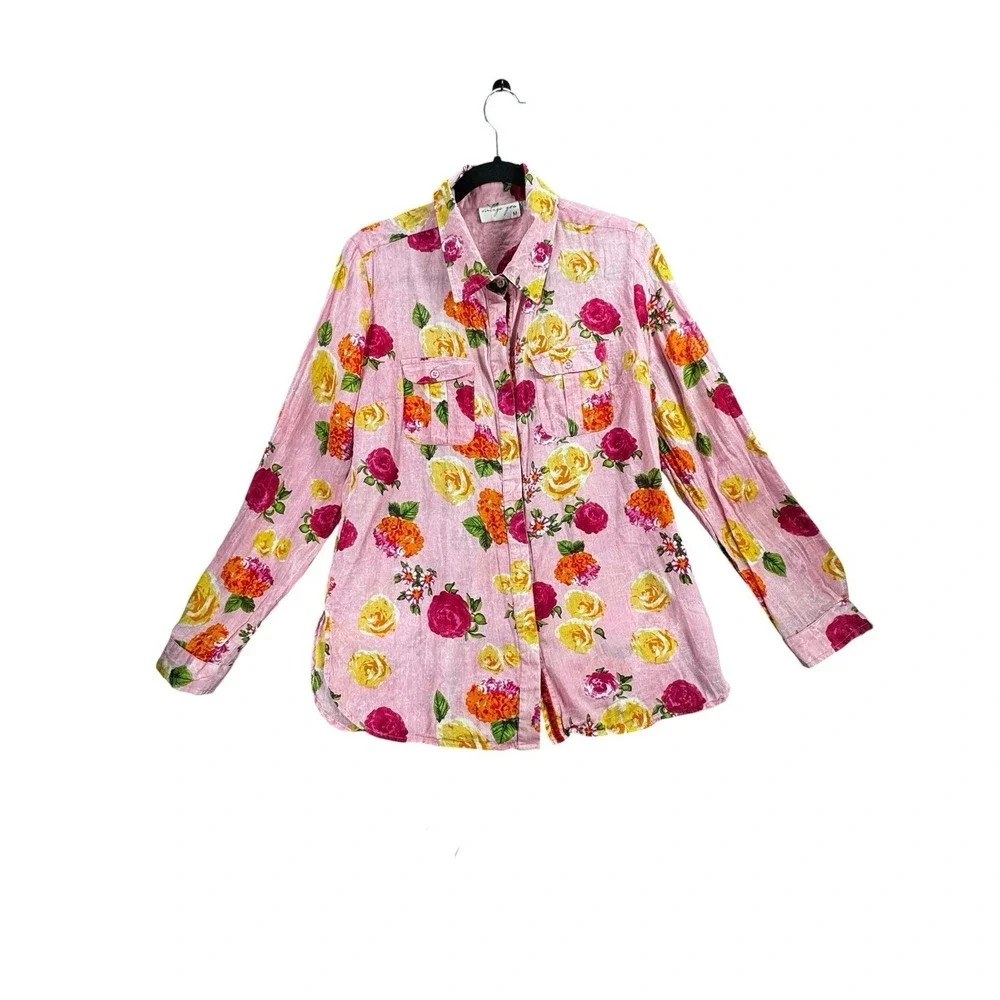Vintage Goa Floral Button Up Shirt Medium Pink Boho Cottagecore Cotton Top - Picture 2 of 16